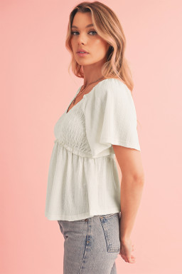 Oatmeal Shirred V Neck Short Flutter Sleeve Textured Blouse