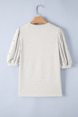 Light Grey Rhinestone Pearl Puff Sleeve Plain Top