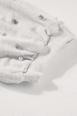 Light Grey Rhinestone Pearl Puff Sleeve Plain Top