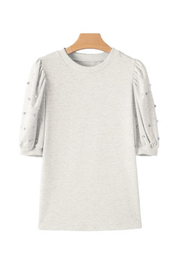 Light Grey Rhinestone Pearl Puff Sleeve Plain Top