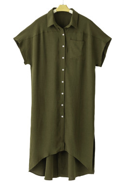 Jungle Green Loose High Low Side Slits Short Sleeve Shirt Dress