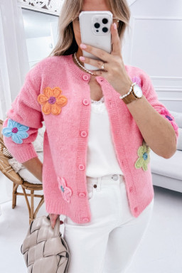 Pink Cute Flower Pattern Button-Up Cardigan