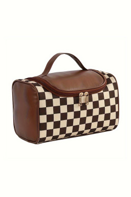 Checkered Zipper Large Cosmetic Bag with Handle