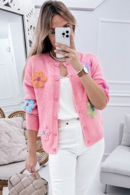 Pink Cute Flower Pattern Button-Up Cardigan