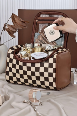 Checkered Zipper Large Cosmetic Bag with Handle