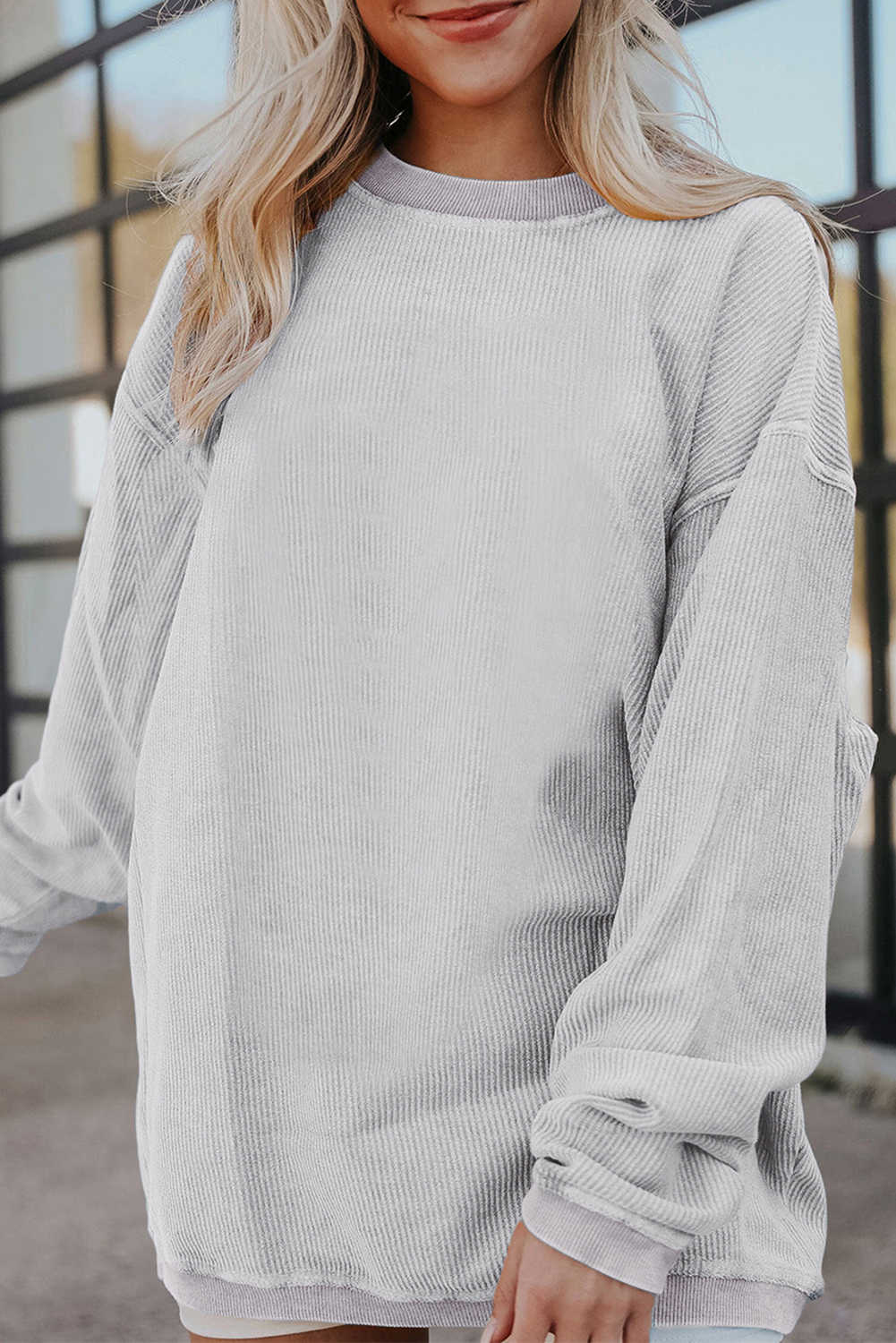 Light Grey Drop Shoulder Rib Knit Oversized Sweatshirt