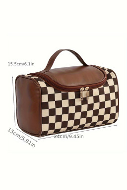 Checkered Zipper Large Cosmetic Bag with Handle