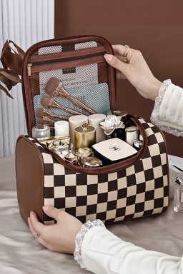 Checkered Zipper Large Cosmetic Bag with Handle