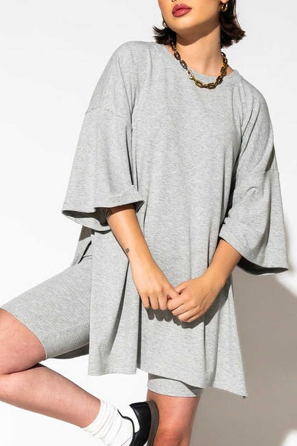 Light Grey Oversized Tee & Skinny Shorts Set