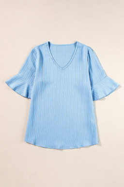 Beau Blue Ruffled Short Sleeve V Neck Textured Blouse