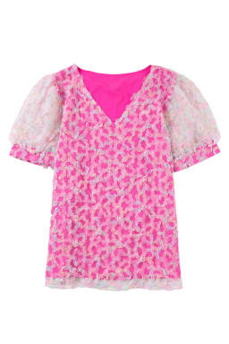 Bonbon Mesh Applique Puff Sleeve Blouse