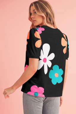 Black Colorful Flower Print Bubble Sleeve Tee