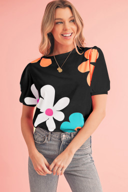 Black Colorful Flower Print Bubble Sleeve Tee