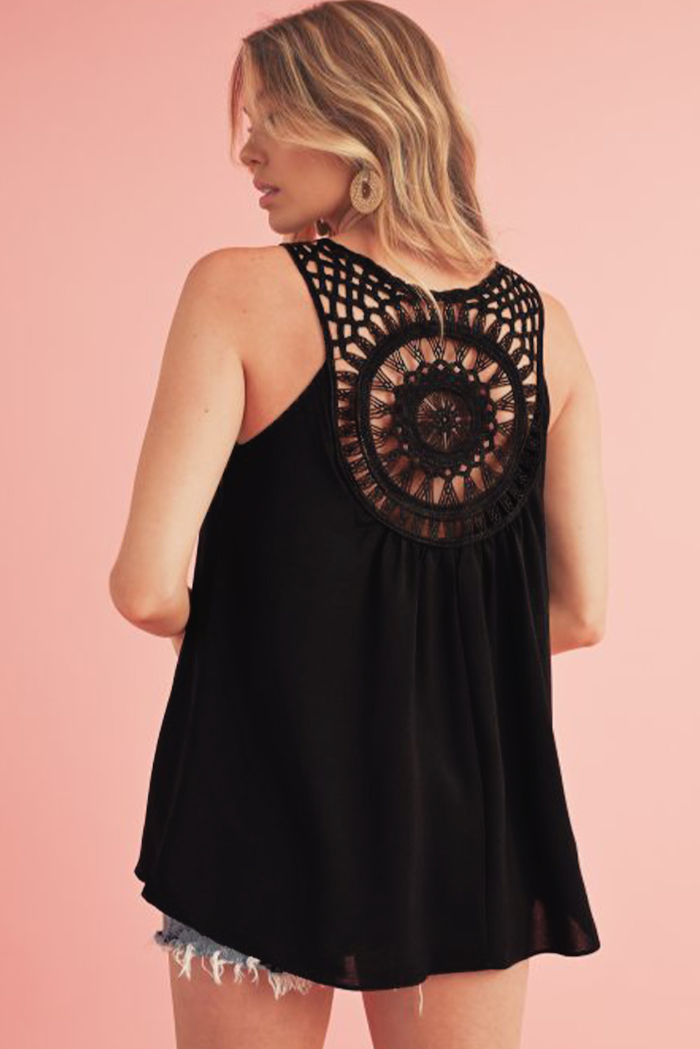 Black Bohemian Crochet Sleeveless Tunic Top