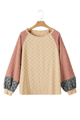 Parchment Patchwork Checked Pattern Lantern Sleeve Top