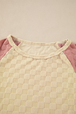 Parchment Patchwork Checked Pattern Lantern Sleeve Top