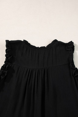 Black Button Split Neck Frill Detail Sleeveless Top