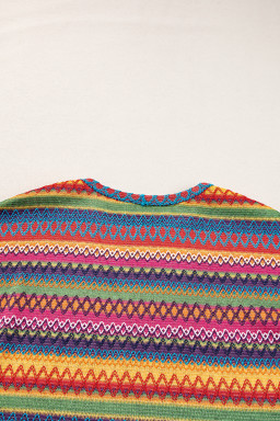 Rose Red Ethnic Wavy Pattern Drop Shoulder Knit Top