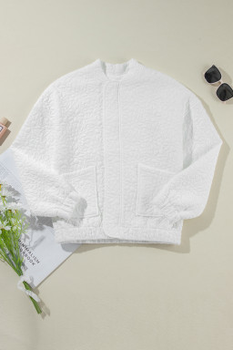 White Floral Embossed Plain Zip-up Jacket