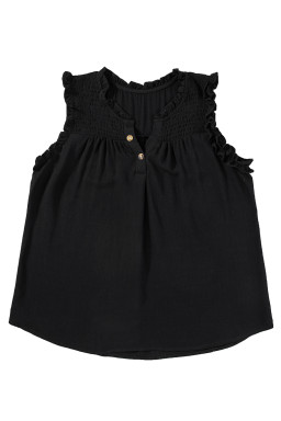Black Button Split Neck Frill Detail Sleeveless Top