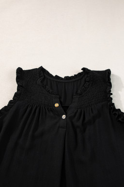 Black Button Split Neck Frill Detail Sleeveless Top