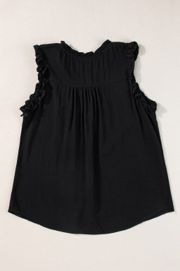 Black Button Split Neck Frill Detail Sleeveless Top