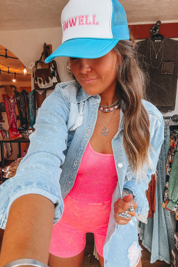 Beau Blue Light Wash Distressed Frayed Long Denim Shacket