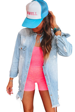 Beau Blue Light Wash Distressed Frayed Long Denim Shacket
