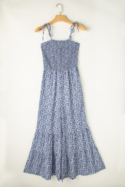 Dusk Blue Floral Print Spaghetti Straps Smocked Wide Leg Jumpsuit