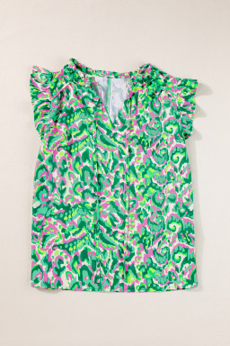 Green Abstract Print Frill Split Neck Ruffle Sleeveless Top