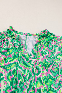 Green Abstract Print Frill Split Neck Ruffle Sleeveless Top