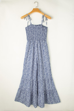 Dusk Blue Floral Print Spaghetti Straps Smocked Wide Leg Jumpsuit