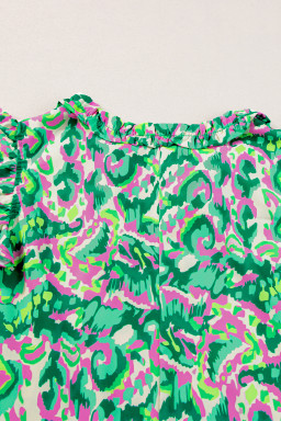 Green Abstract Print Frill Split Neck Ruffle Sleeveless Top