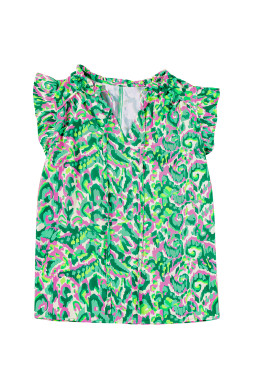 Green Abstract Print Frill Split Neck Ruffle Sleeveless Top