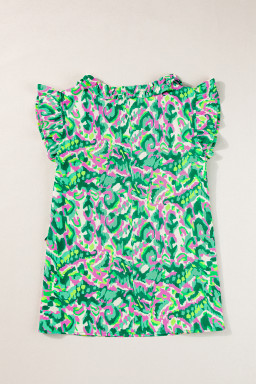 Green Abstract Print Frill Split Neck Ruffle Sleeveless Top
