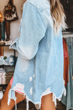 Beau Blue Light Wash Distressed Frayed Long Denim Shacket