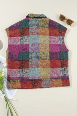 Pink Brushed Checked Print Side Pockets Zipper Jacket Vest