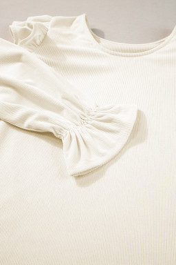 Beige Corduroy Round Neck Ruffled Flounce Sleeve Blouse