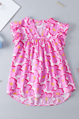 Rose Floral Print Frill V-Neck Pleated Ruffle Blouse