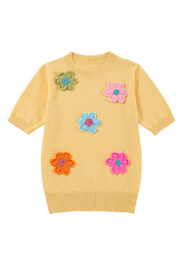 Yellow Cream Cute Flower Pattern Knitted Top