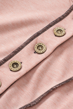 Pink Solid Color Exposed Seam Henley Pullover Hoodie