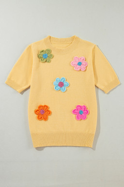 Yellow Cream Cute Flower Pattern Knitted Top