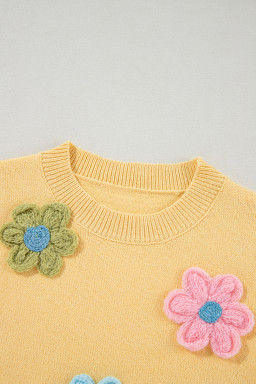 Yellow Cream Cute Flower Pattern Knitted Top