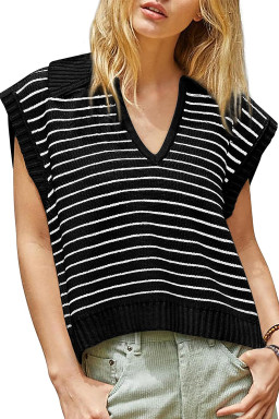 Black Stripe Turn-down Collar Sleeveless Knitted Top