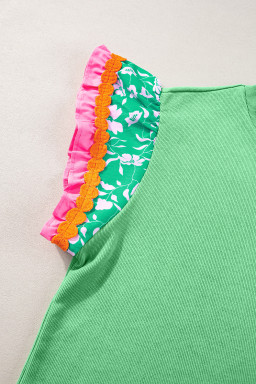 Light Green Ricrac Applique Floral Sleeve Textured Blouse