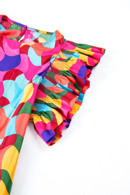 Rose Red Abstract Print Smocked Flutter Shoulder Mini Dress