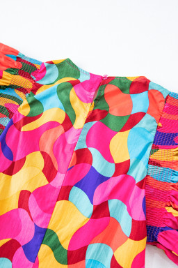 Rose Red Abstract Print Smocked Flutter Shoulder Mini Dress