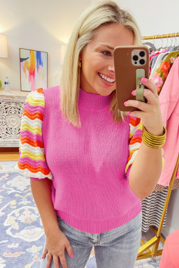 Pink Ribbed Knit Contrast Short Sleeve Mock Neck Sweater