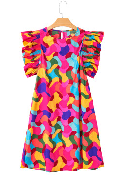 Rose Red Abstract Print Smocked Flutter Shoulder Mini Dress