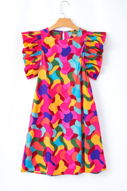 Rose Red Abstract Print Smocked Flutter Shoulder Mini Dress